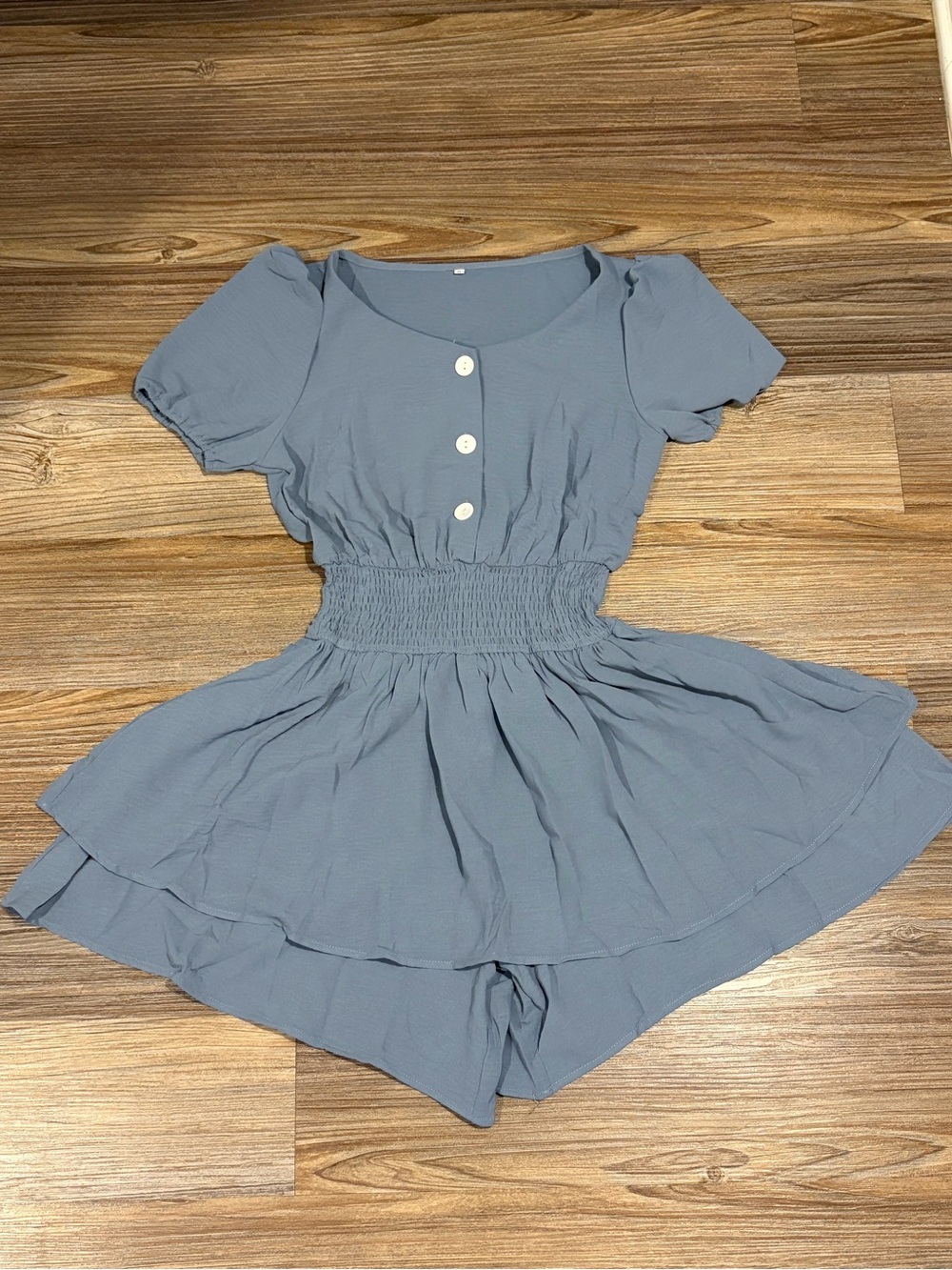 Smocked Waist Blue Short Sleeve Mini Romper